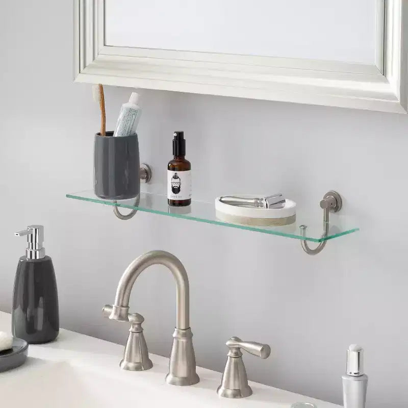 Étagère murale en verre trempé avec finition nickel satiné, rangement de salle de bain