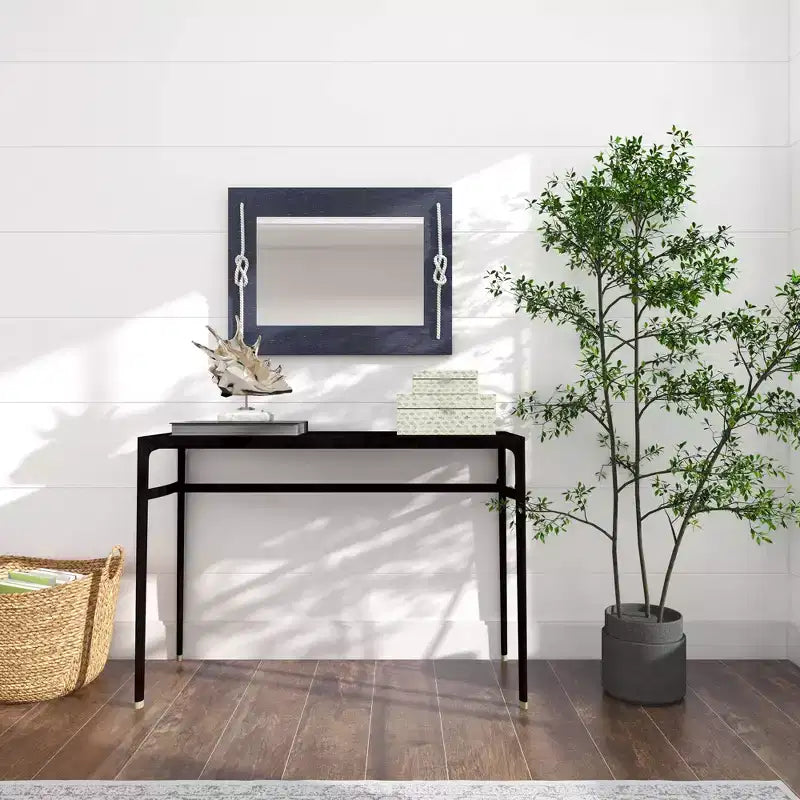 Miroir mural rectangulaire en bois bleu marine avec détails en nœud de corde, 22,9"x30,7"