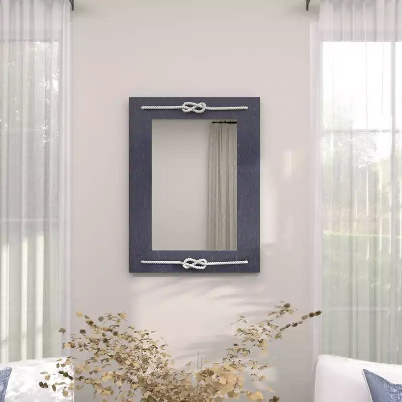 Miroir mural rectangulaire en bois bleu marine avec détails en nœud de corde, 22,9"x30,7"