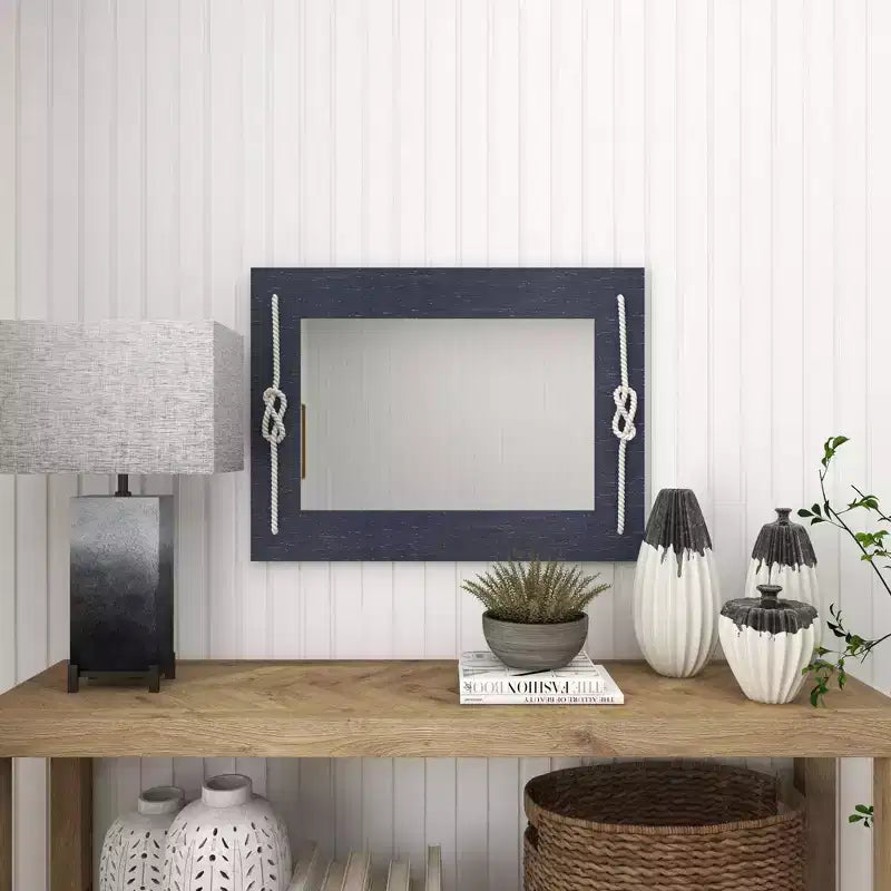Miroir mural rectangulaire en bois bleu marine avec détails en nœud de corde, 22,9"x30,7"
