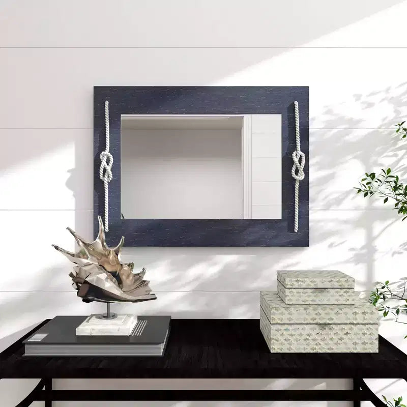 Miroir mural rectangulaire en bois bleu marine avec détails en nœud de corde, 22,9"x30,7"