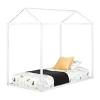 Lit de sol Montessori en forme de maison pour enfants, taille double, cadre en bois blanc avec auvent