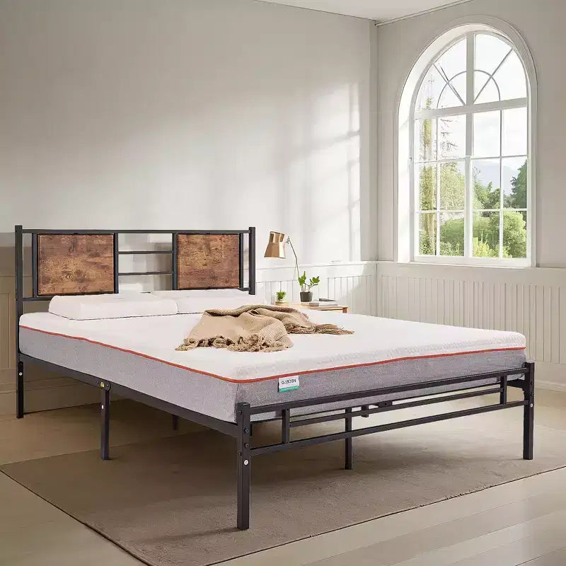 Cadre de lit métallique double/grand/très grand avec tête de lit en bois, pas besoin de sommier tapissier, marron