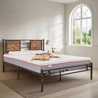 Cadre de lit métallique double/grand/très grand avec tête de lit en bois, pas besoin de sommier tapissier, marron