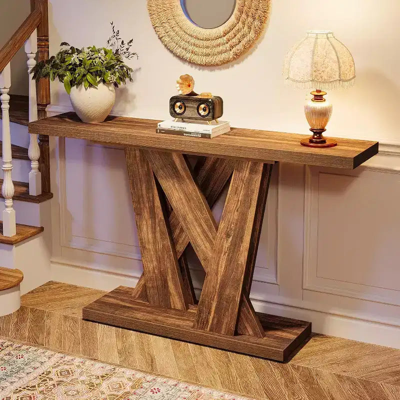Console étroite de 55 pouces pour canapé ou entrée avec base géométrique, marron rustique