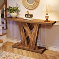 Console étroite de 55 pouces pour canapé ou entrée avec base géométrique, marron rustique