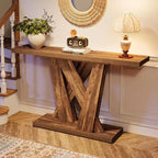 Console étroite de 55 pouces pour canapé ou entrée avec base géométrique, marron rustique
