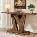 Console étroite de 55 pouces pour canapé ou entrée avec base géométrique, marron rustique