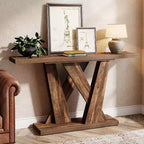 Console étroite de 55 pouces pour canapé ou entrée avec base géométrique, marron rustique