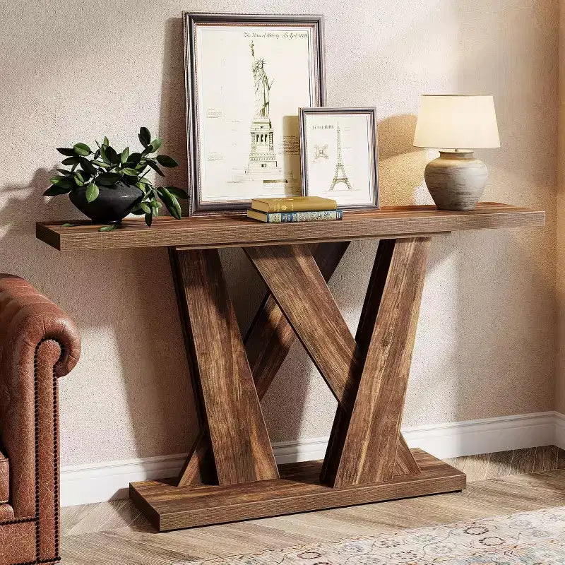 Console étroite de 55 pouces pour canapé ou entrée avec base géométrique, marron rustique