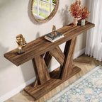 Console étroite de 55 pouces pour canapé ou entrée avec base géométrique, marron rustique