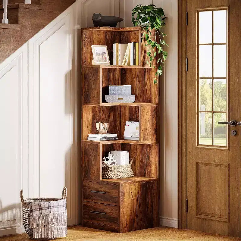 Bibliothèque d'angle à 5 niveaux avec 2 tiroirs, meuble de rangement d'angle moderne de 170 cm de haut