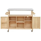 Îlot de cuisine extérieur en bois avec plateau en acier, chariot de bar, armoire, étagères à épices et porte-serviettes