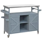 Îlot de cuisine extérieur en bois avec plateau en acier, chariot de bar, armoire, étagères à épices et porte-serviettes