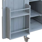 Îlot de cuisine extérieur en bois avec plateau en acier, chariot de bar, armoire, étagères à épices et porte-serviettes