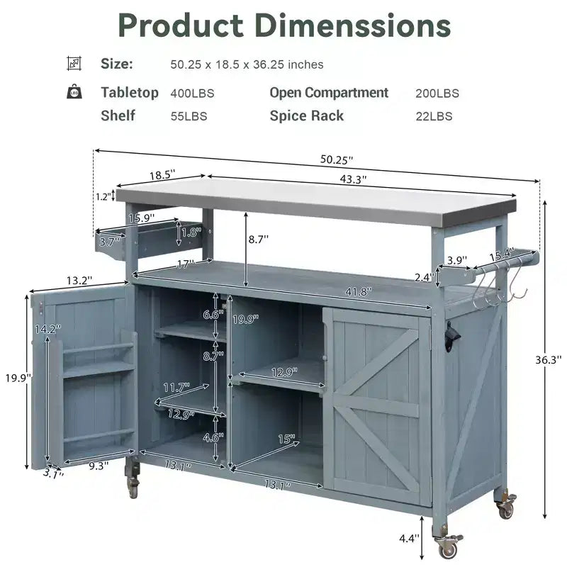 Îlot de cuisine extérieur en bois avec plateau en acier, chariot de bar, armoire, étagères à épices et porte-serviettes