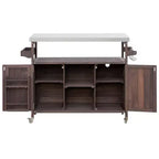 Îlot de cuisine extérieur en bois avec plateau en acier, chariot de bar, armoire, étagères à épices et porte-serviettes