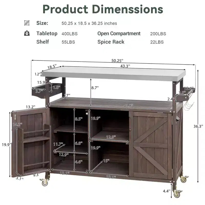 Îlot de cuisine extérieur en bois avec plateau en acier, chariot de bar, armoire, étagères à épices et porte-serviettes