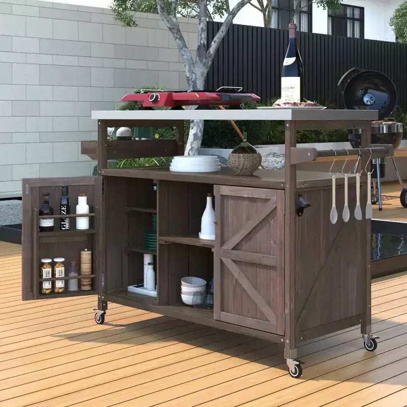 Outdoor Wood Kitchen Island with Steel Top, Bar Cart, Cabinet, Spice & Towel Racks