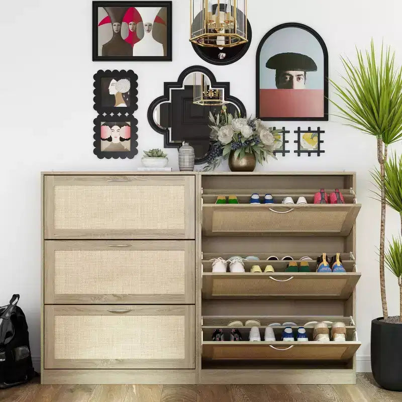 Famapy Yellow Stylish Flip-up Shoe Rack with Rattan - style Design: Space - saving and Adjustable