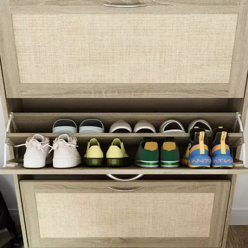 Étagère à Chaussures Rabattable Élégante Jaune Famapy avec Design en Rotin : Gain de Place et Ajustable