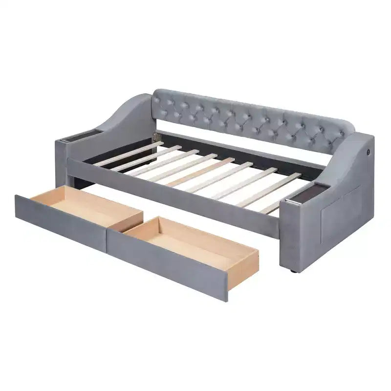 Lit de repos capitonné pour lit jumeau avec tiroirs de rangement et ports USB, capitonné