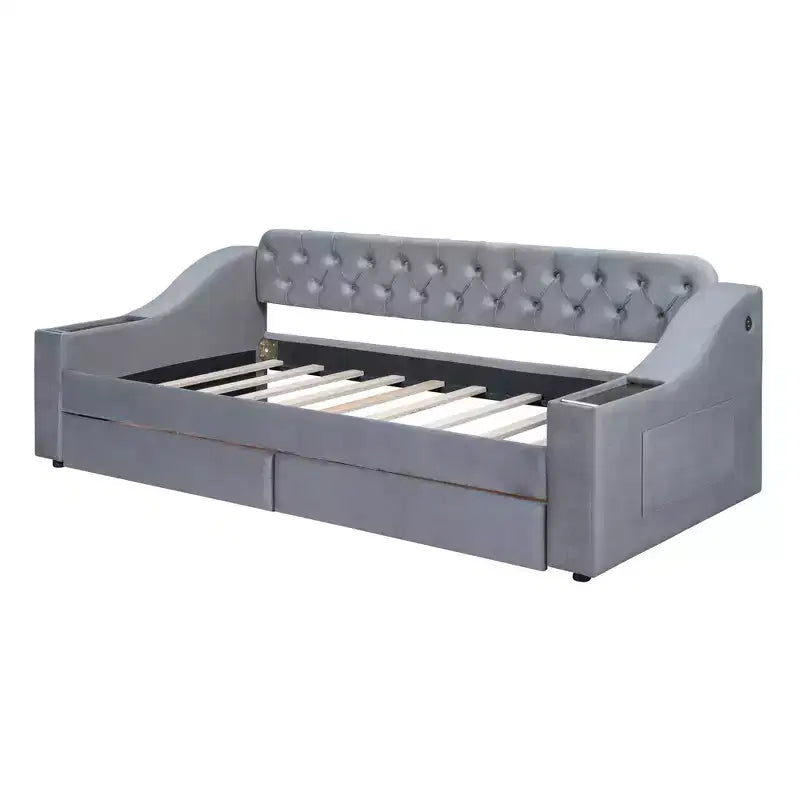 Lit de repos capitonné pour lit jumeau avec tiroirs de rangement et ports USB, capitonné