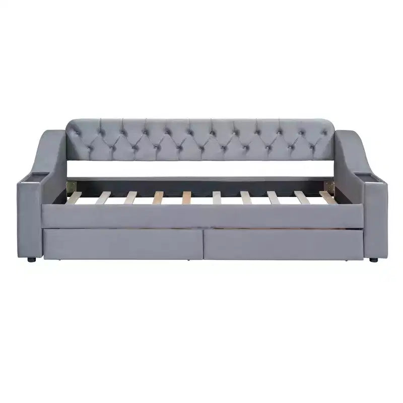 Lit de repos capitonné pour lit jumeau avec tiroirs de rangement et ports USB, capitonné