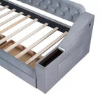Lit de repos capitonné pour lit jumeau avec tiroirs de rangement et ports USB, capitonné