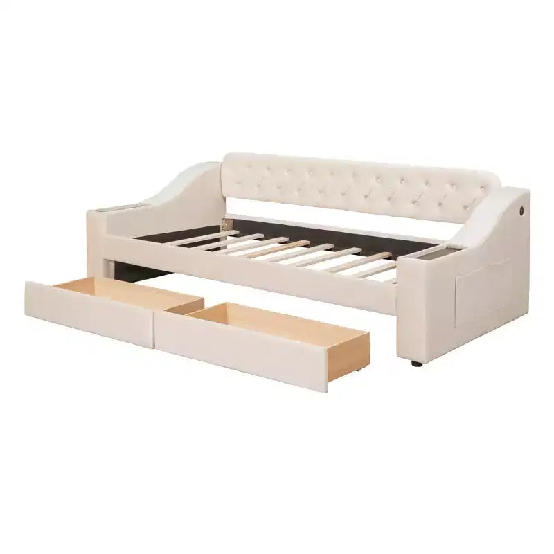 Lit de repos capitonné pour lit jumeau avec tiroirs de rangement et ports USB, capitonné
