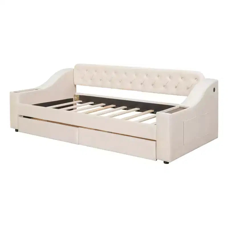 Lit de repos capitonné pour lit jumeau avec tiroirs de rangement et ports USB, capitonné
