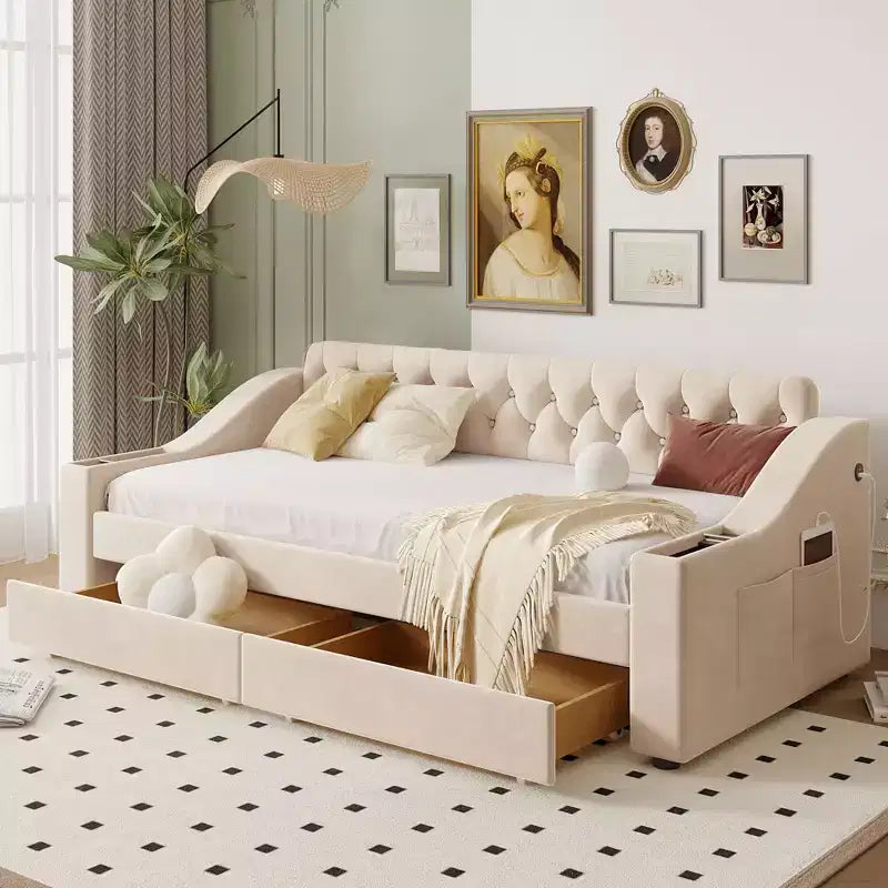 Whisen Morden Design Twin Size Upholstered Daybed with Storage Armrests and USB Port