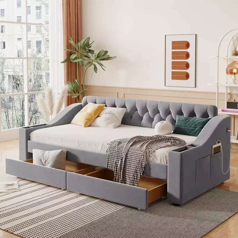 Lit de repos capitonné pour lit jumeau avec tiroirs de rangement et ports USB, capitonné