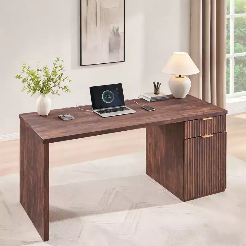 Bureau de direction à domicile cannelé en bois de 152 cm avec tiroir et armoire