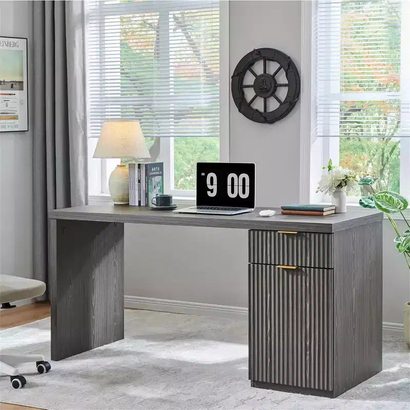 Bureau de direction à domicile cannelé en bois de 152 cm avec tiroir et armoire