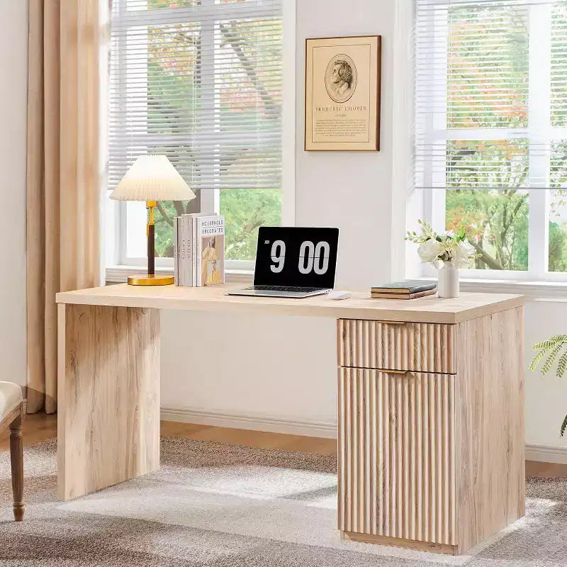 Bureau de direction à domicile cannelé en bois de 152 cm avec tiroir et armoire