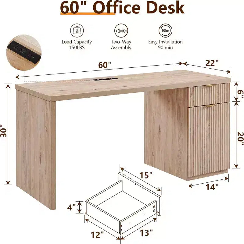 Bureau de direction à domicile cannelé en bois de 152 cm avec tiroir et armoire