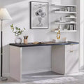 60 Executive Desk, Wood Modern Home Office Desk with Drawer & Cabinet, Fluted Computer Writing Desk for Living Room, Bedroom