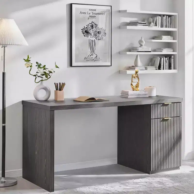 Bureau de direction à domicile cannelé en bois de 152 cm avec tiroir et armoire