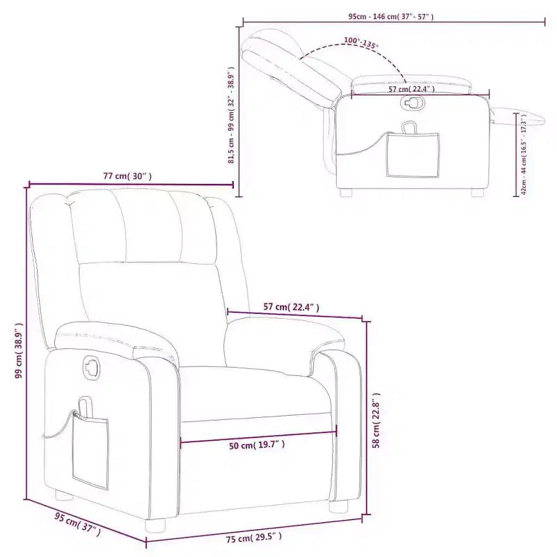 Fauteuil inclinable électrique en similicuir noir avec porte-gobelets et massage vibrant 6 points
