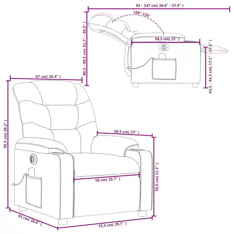 Fauteuil inclinable électrique en similicuir noir avec massage et porte-gobelets