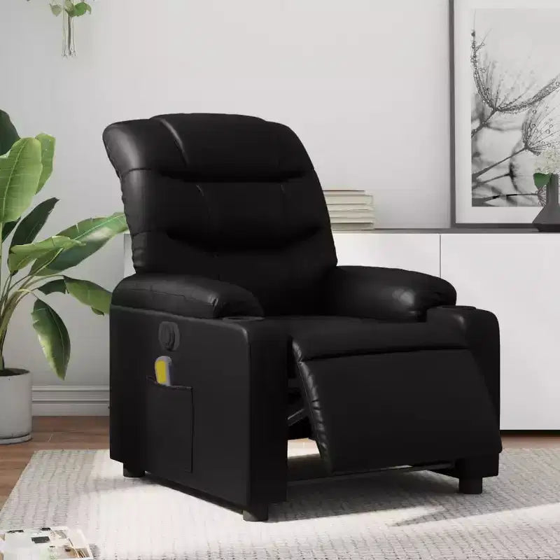 Fauteuil inclinable électrique en similicuir noir avec massage et porte-gobelets