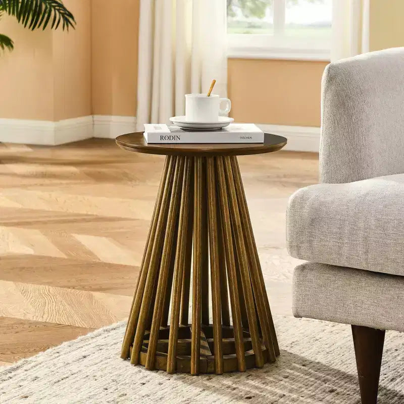 Okak Solid Wood Round Coffee Table, Mid-Century Modern Slatted Design Side Tables for Living Room & Small Spaces
