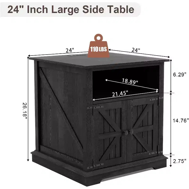 Table d'appoint de ferme 24" avec station de recharge, table d'appoint/de chevet en bois noir