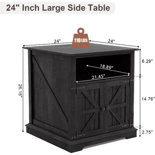 Table d'appoint de ferme 24" avec station de recharge, table d'appoint/de chevet en bois noir