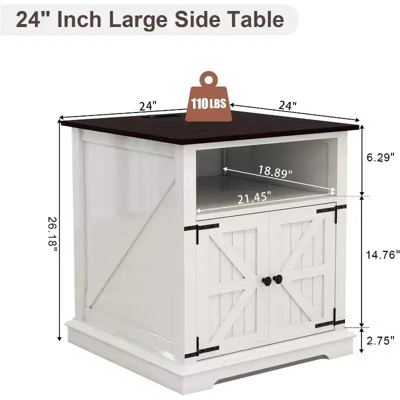 Table d'appoint de ferme 24" avec station de recharge, table d'appoint/de chevet en bois noir
