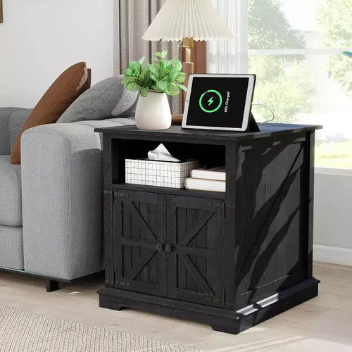 Dyonery 24 Farmhouse End Table with Charging Station - Black Wood Sofa Side/Bedside Table