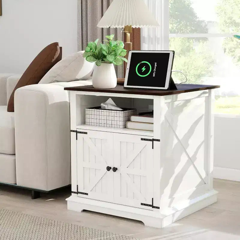 Table d'appoint de ferme 24" avec station de recharge, table d'appoint/de chevet en bois noir