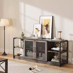 Meuble TV industriel de 160 cm avec 2 étagères ouvertes et 2 portes en maille, Console de centre de divertissement