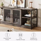 Meuble TV industriel de 160 cm avec 2 étagères ouvertes et 2 portes en maille, Console de centre de divertissement